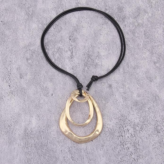 Long Boho Necklaces for Women Vintage Leather Wooden Pendant Y Choker Ethnic Style Gold Circle Hippie Sweater Necklace