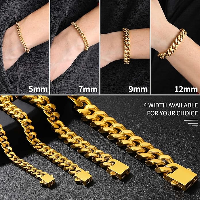 ChainsHouse Stainless Steel Cuban Link Bracelet for Men, 5mm/7mm/9mm/12mm Width, 7.5"/8.3"/9" Length, Black/18K Gold Plated Chain Wrist Bracelets for Men, with Gift Box