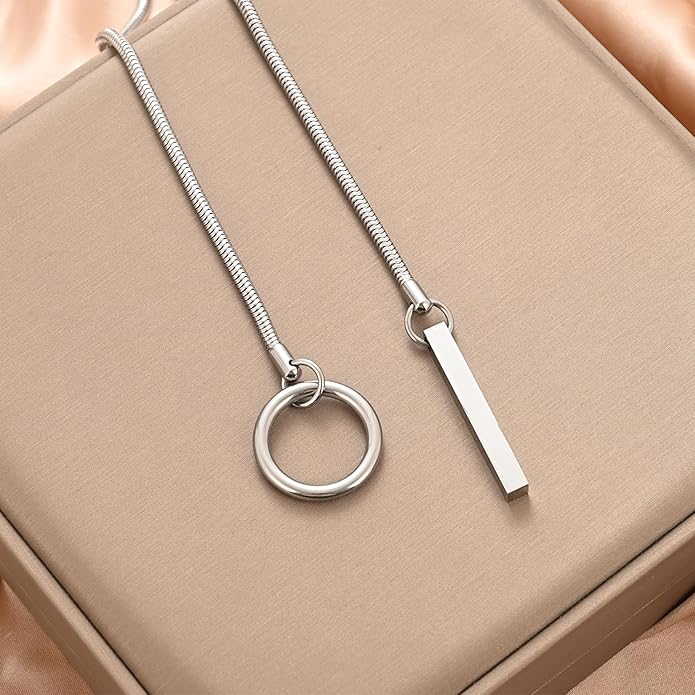 Slip Chain Necklaces for Women Stainless Steel Bar Pendant Choker Necklace Boho Handmade Long Lariat Necklace Silver Statement Punk Rock Collar Jewelry