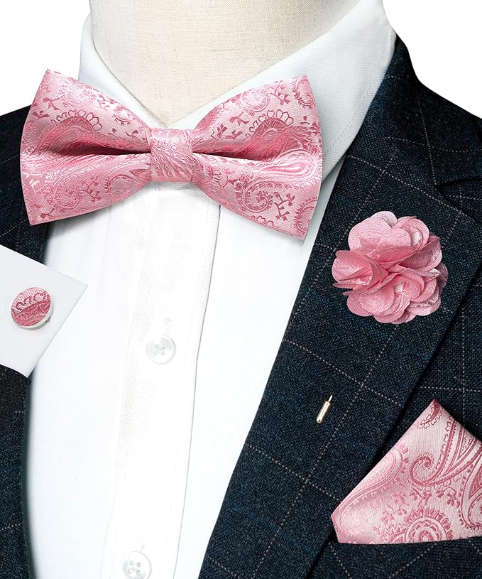 JEMYGINS Mens Paisley Bow Tie and Lapel Pin Necktie Pocket Square and Tie Clip with Sets for Business Casual 4PCS