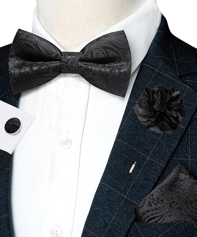 JEMYGINS Mens Paisley Bow Tie and Lapel Pin Necktie Pocket Square and Tie Clip with Sets for Business Casual 4PCS