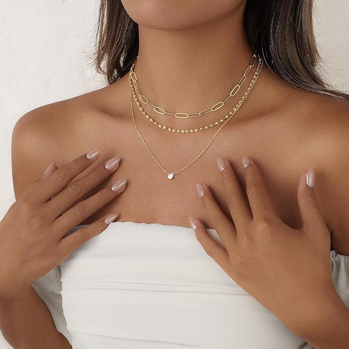 Layered Gold Necklace for Women Trendy 14K Gold Plated Heart CZ Pendant Layered Gold Necklaces Set Coin Choker Necklaces Simple Circle Cubic Zirconia Pearl Necklace Stack Herringbone Paperclip Chain Jewelry Set