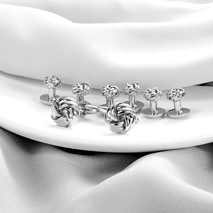 HAWSON Knot Cufflinks and Shirt Studs for Men in Gold or Silver Tone, Matching with White and Black Tuxedo, Suitable for Wedding Day or Formal Occasion.