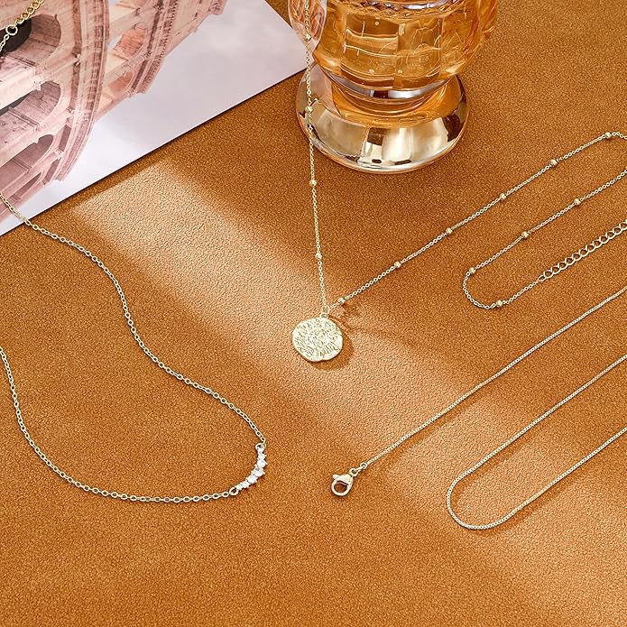 CHESKY 14K Gold Plated Layered Necklaces for Women,Dainty Gold/Silver Plated Chain Necklace CZ Pendant Necklace Adjustable Layering Choker Necklace jewelry Gifts