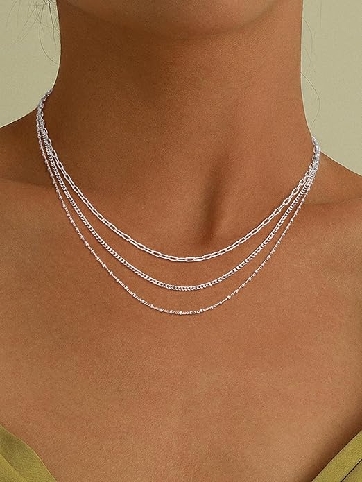Gold/Silver Necklaces Stack For Women, 14K Gold/Sterling Silver Plated Layered Choker Necklace Set, Stackable Multilayer Simple Cuban Snake Paperclip Chain Set Jewelry Gift for Women