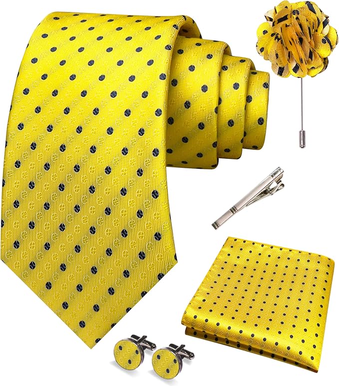JEMYGINS Mens Tie and Pocket Square,Lapel Pin,Cufflinks,Tie Clip Sets with Gift Box 5PCS