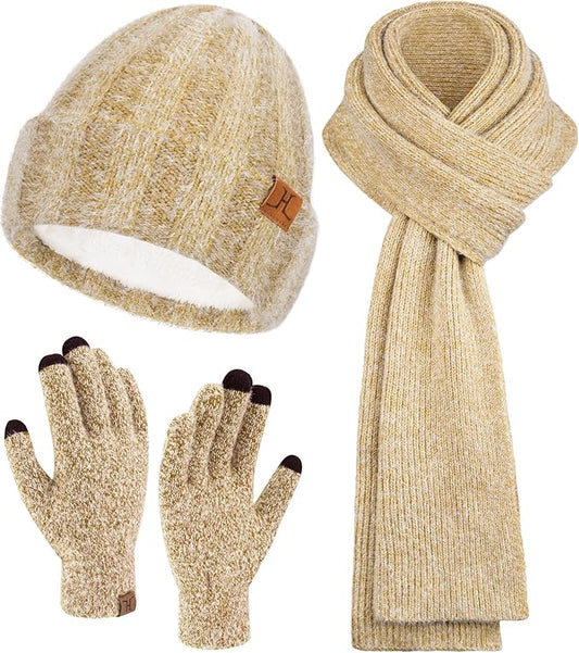 Womens Winter Warm Knit Beanie Hat Touchscreen Gloves Long Neck Scarf Set with Fleece Lined Skull Caps Gifts for Women