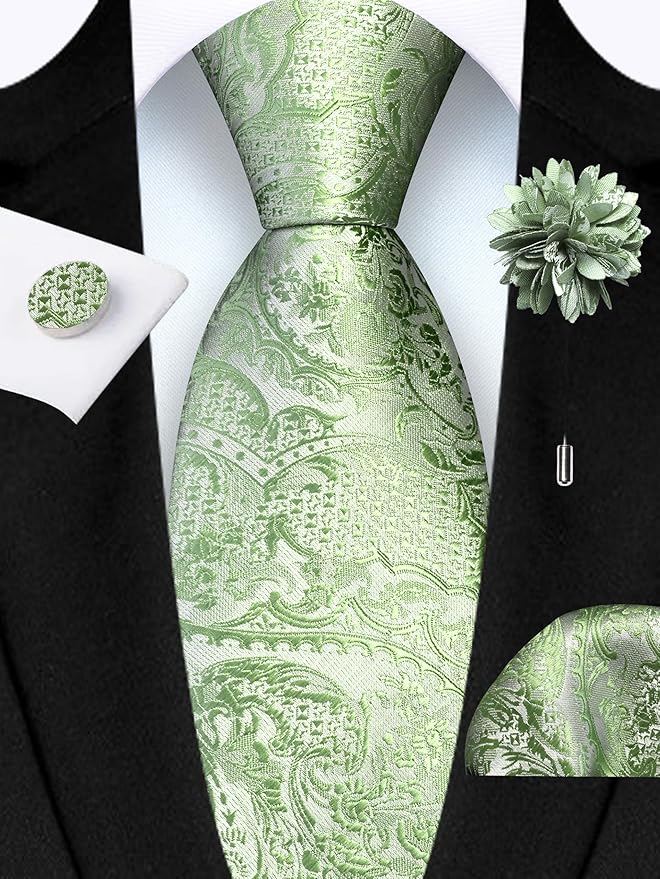 GUSLESON 8cm Paisley Tie Set for Men Necktie Lapel Pin Pocket Square Cufflinks Set for Men