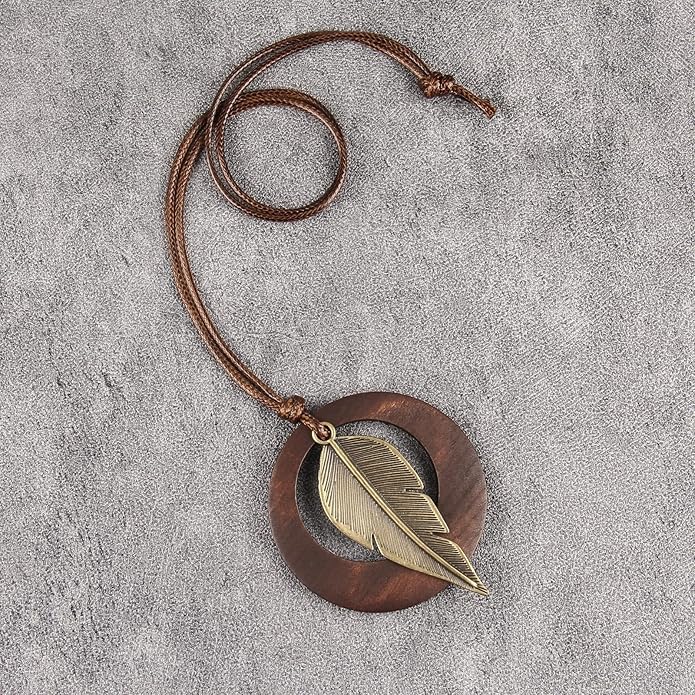 Long Boho Necklaces for Women Vintage Leather Wooden Pendant Y Choker Ethnic Style Gold Circle Hippie Sweater Necklace