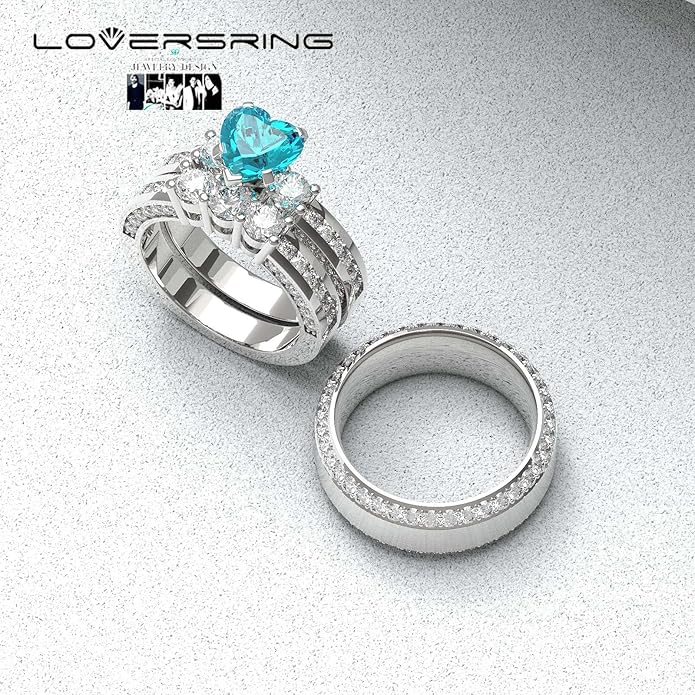 TWO RINGS Wedding Ring Sets His And Hers Promise Ring Couples Bridal Sets Women 925 Sterling Silver square Cz Man Stainless Steel Brushed Finished Wedding Bands