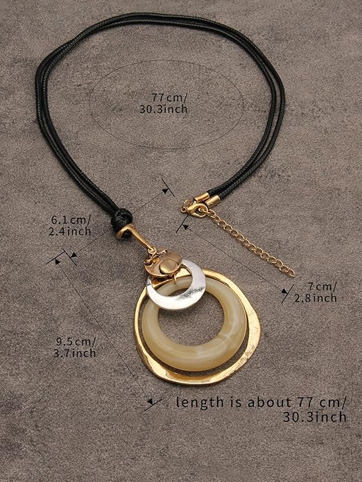 Long Boho Necklaces for Women Vintage Leather Wooden Pendant Y Choker Ethnic Style Gold Circle Hippie Sweater Necklace