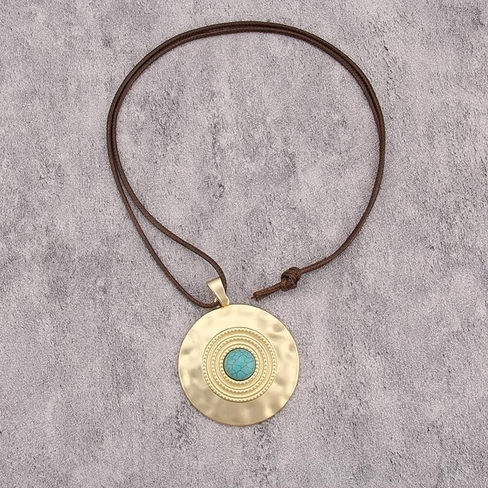 Boho Necklaces for Women Chunky Circle Necklace Layered Boho Circle Leather Choker Necklace Long Vintage Necklaces Bohemian Jewlery Gifts