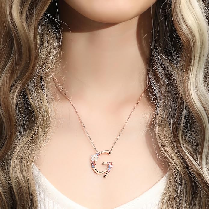 Flower Initial Letter Necklace Pink Red Blue Simulated Pearl Pendant Name Jewelry Made with Austrian Crystals Rose Gold Plated Anniversary Birthday Gifts for Women,18"+2"