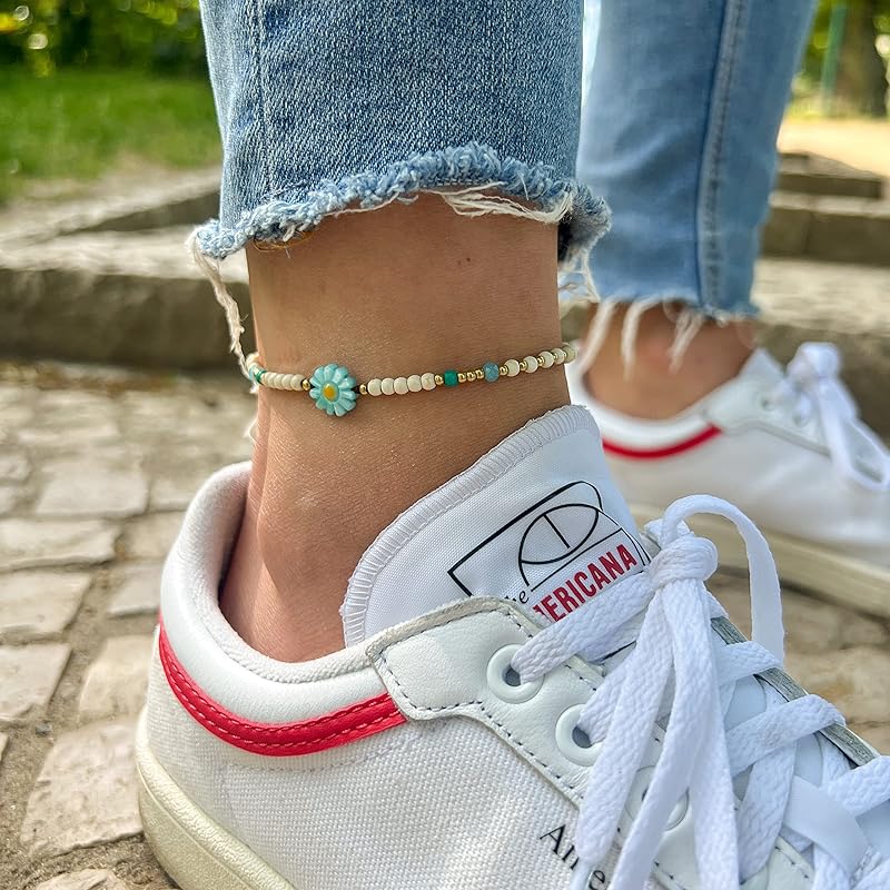 Made by Nami Boho Surfer Anklet Waterproof & Adjustable Beaded Anklets for Women Beachy Ankle Bracelet Made from Waxed Cotton Rope and Beads for Summer and Hippie Style (White Flower)
