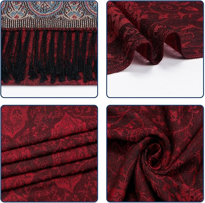 QIUTIMIY Paisley Pashmina Shawl Wrap Women Reversible Vintage Jacquard Pashmina Rave Scarf with Fringe for Evening, Wedding