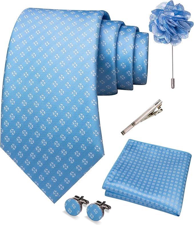 JEMYGINS Mens Tie and Pocket Square,Lapel Pin,Cufflinks,Tie Clip Sets with Gift Box 5PCS