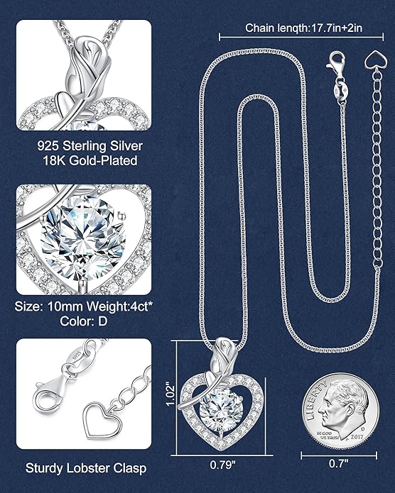N9NEMUSES Rose Heart Pendant Necklace for Wife, 2-4 Carat Moissanite 925 Sterling Silver Necklace, Wedding Anniversary Present or Birthday Christmas Valentines Day Jewelry for Wife Her Girlfriend Mom Daughter