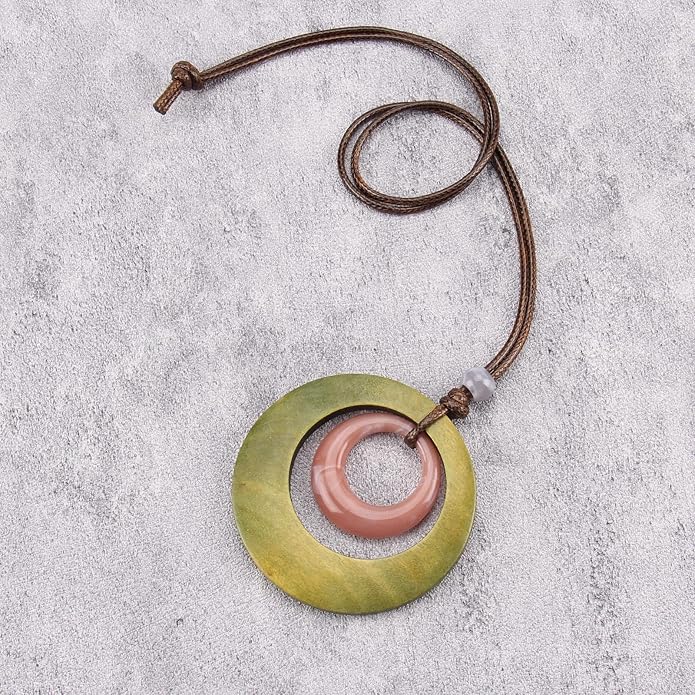 Long Boho Necklaces for Women Vintage Leather Wooden Pendant Y Choker Ethnic Style Gold Circle Hippie Sweater Necklace