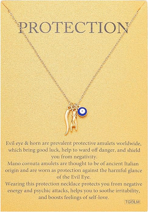 Dainty Blue Evil Eye Charm Horn Pendant Necklace for Women's Spiritual Protection Jewelry 14K Gold Plated