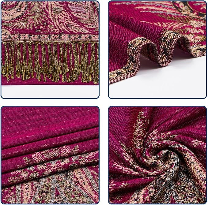 QIUTIMIY Paisley Pashmina Shawl Wrap Women Reversible Vintage Jacquard Pashmina Rave Scarf with Fringe for Evening, Wedding