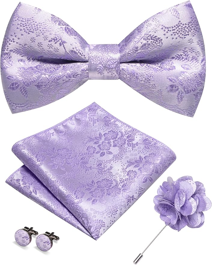 JEMYGINS Floral Pre-tied Bow Tie and Pocket Square Cufflinks Lapel Pin Sets for Men 4PCS