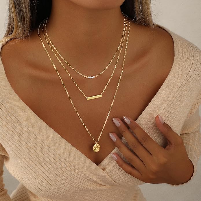Layered Necklaces for Women 14K Gold Plated Stack Circle Pendant Trendy Long Chain Stackable Handmade Coin Necklace Set Dainty Gold Stacked Jewelry Gifts