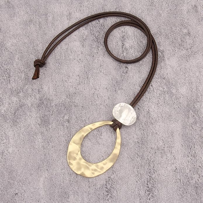 Long Boho Necklaces for Women Vintage Leather Wooden Pendant Y Choker Ethnic Style Gold Circle Hippie Sweater Necklace