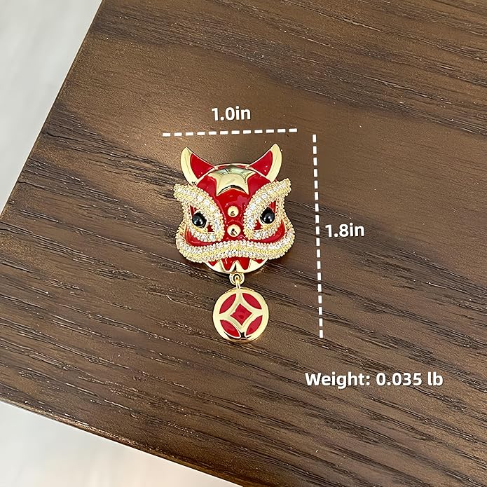 Chinese Lion Dance Brooch, Vintage Enamel Floral & Cat Eye Pearl Adjustable Lapel Pin for Women & Men – Traditional Asian Style Awakening Lion Brooch for Jacket, Blazer, Scarf, Qipao, Wedding, Festival Gift (Gold/Red/Blue)