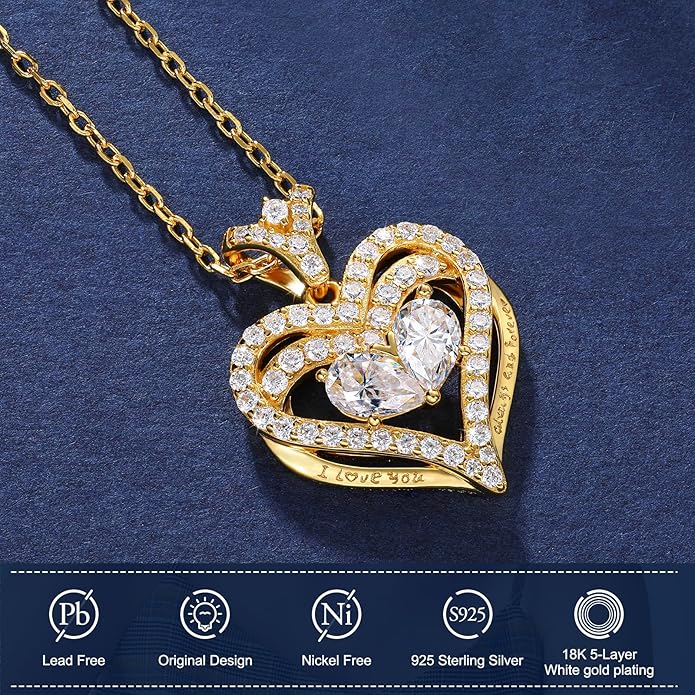 Moissanite Heart Necklace for Women, 18K White/Yellow Gold-Plated 925 Sterling Silver Pear Cut Moissanite Imitation Diamond Pendant Eternity Love Gifts for Her, Anniversary, Birthday, Wedding - to My Wife, Mom