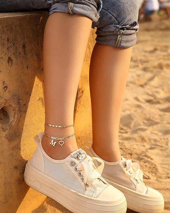 Initial Ankle Bracelets for Women Waterproof 14K Gold Plated Dainty Layered Figaro Chain Letter Initial CZ Heart Ankle Bracelets Set Summer Beach Jewelry for Women