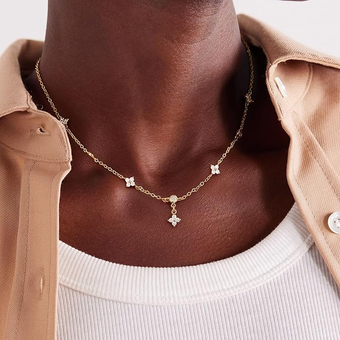 M MOOHAM Gold Clover Heart Pearl Butterfly Star flower Choker Necklace for Women - Dainty 14K Gold Plated Cubic Zirconia Cute Station Necklaces for Women Trendy Prom Jewelry Gifts