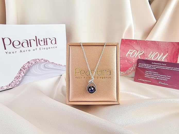 PEARLURA AAA+ 9mm Natural Black pearl necklace for women - Real pearl necklaces for women (18k gold platted 925 sterling Silver)- Wedding anniversary's gift for wife - Luxury birthday gifts for woman - Birthday gift for wife