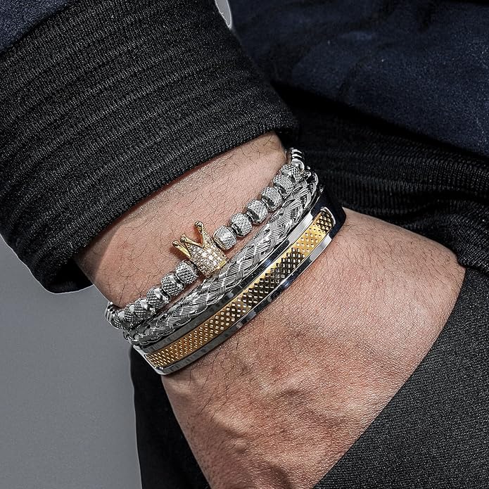 WFYOU 3PCS Stainless Steel Bracelets for Men Gold Roman Numeral Bangle Bracelet Twisted Cable Bracelet Adjustable Cuff Bracelet Mens Luxury Jewelry Bracelets Gifts