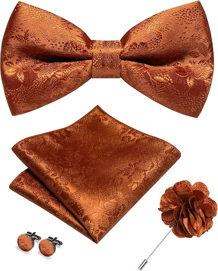 JEMYGINS Floral Pre-tied Bow Tie and Pocket Square Cufflinks Lapel Pin Sets for Men 4PCS