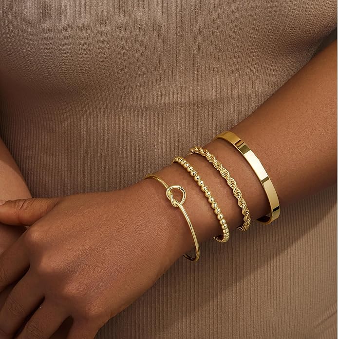 Silver Bracelets for Women Stack, Silver or Gold Plated Cuff Bangle Set, Trendy Silver Jewelry for Women Fashion