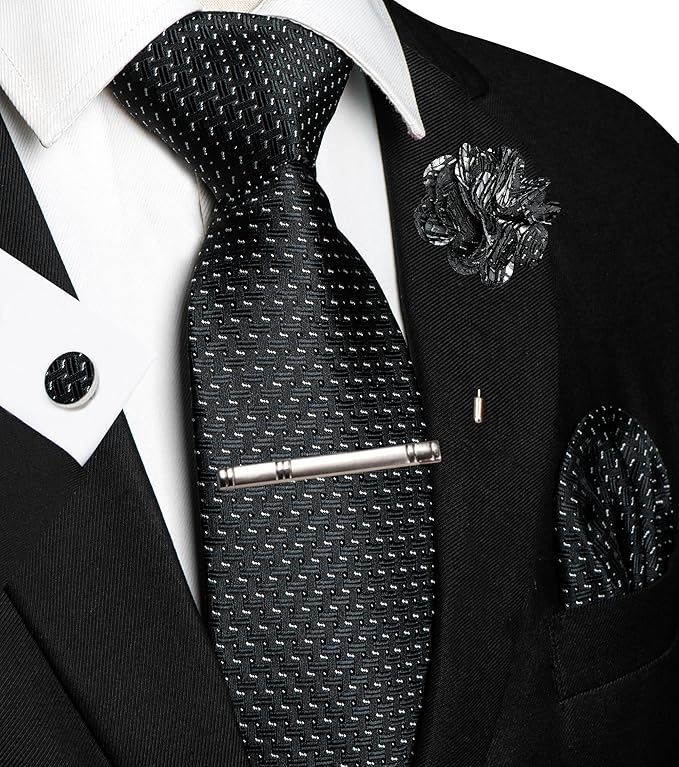 JEMYGINS Mens Tie and Lapel Pin Necktie Pocket Square Cufflinks and Tie Clip Sets for Business Casual 5PCS