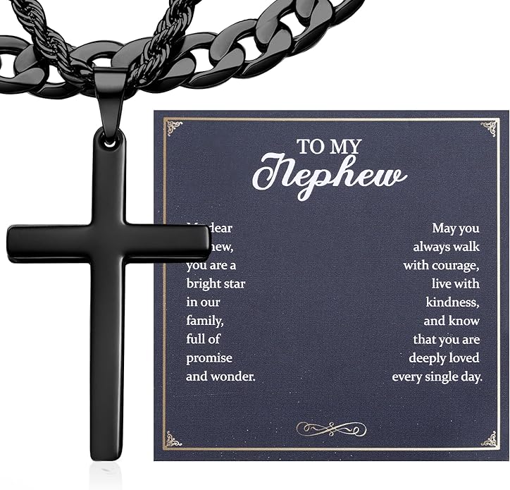 TEN MIRO Silver/Black Cross Necklace for Men Boy Stainless Steel Cross Pendant Necklace for Men Christian Religious Jewelry with Box & Card Birthday Anniversary Christmas Father's Day Gifts for Him
