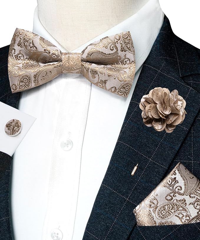 JEMYGINS Paisley Pre-tied Bow Tie and Pocket Square Cufflinks Lapel Pin Sets for Men 4PCS