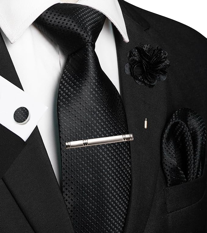 JEMYGINS Mens Tie and Pocket Square,Lapel Pin,Cufflinks,Tie Clip Sets with Gift Box 5PCS