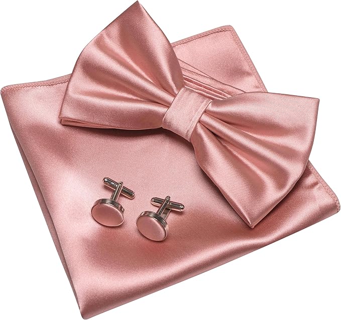 JEMYGINS Solid Color mens Pre-tied Bow Tie and Pocket Square Cufflinks Sets with Gift Box