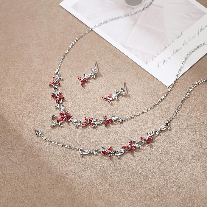 Crysdue Flower Leaf Wedding Jewelry Set for Bridal Bridemaid, Cubic Zirconia Teardrop Elegant Silver/14K/Rose Gold Plated Vine Necklace Dangle Earrings for Prom Party