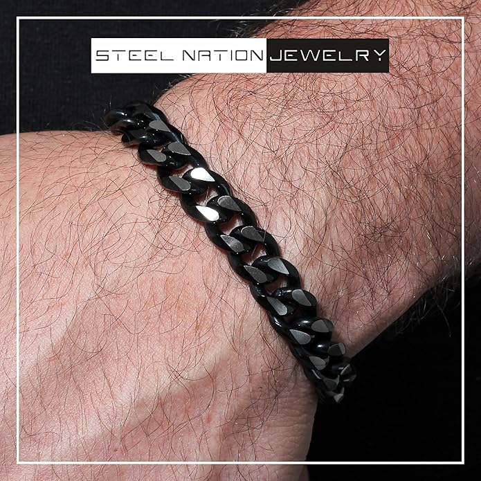 Stainless Steel Black Cuban Link 10.5MM Extra Wide 24" Chain and Matching 8.5" Bracelet with Secure Lobster Claw Clasp - Jewelry Gift Set for Men