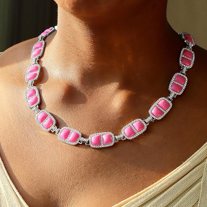 Chunky Necklace for Women 12 Colors Diamond Stone Gold Statement Necklace for Women Full Trendy Blue Birthstone Choker Necklace for Women Square Design Necklace Jewelry