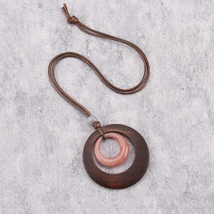 Long Boho Necklaces for Women Vintage Leather Wooden Pendant Y Choker Ethnic Style Gold Circle Hippie Sweater Necklace