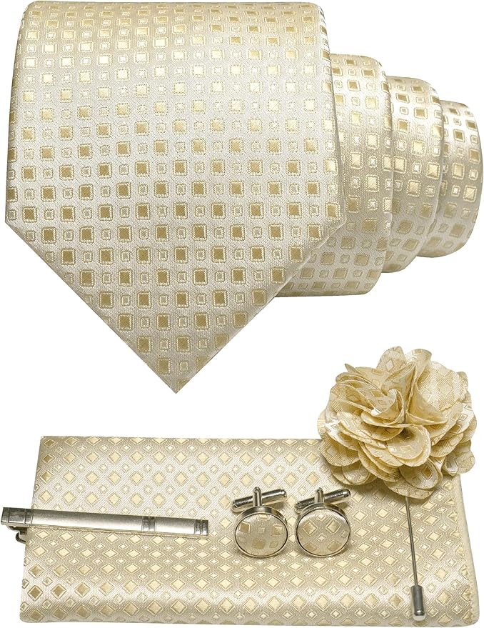 JEMYGINS Mens Tie and Pocket Square,Lapel Pin,Cufflinks,Tie Clip Sets with Gift Box 5PCS