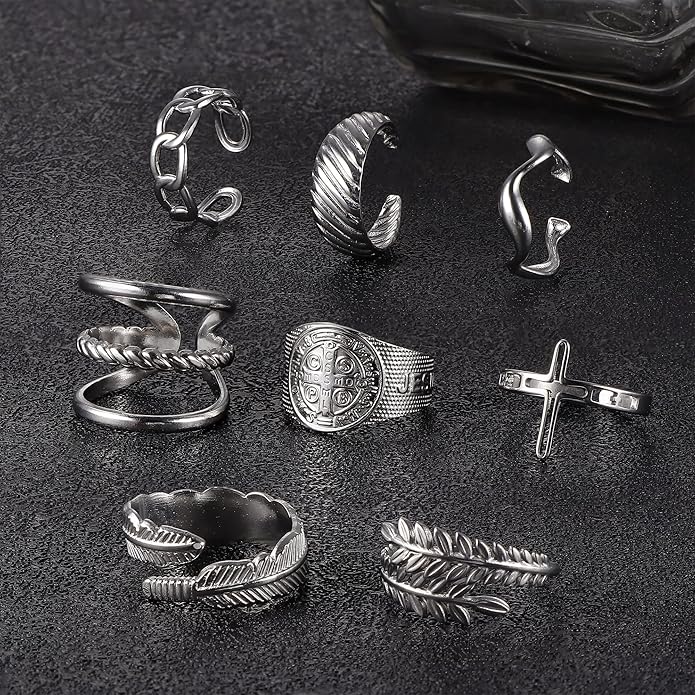 LOLIAS 16Pcs Stainless Steel Rings for Women Chunky Silver Rings Non Tarnish Stackable Ring Open Adjustable Thumb Finger Statement Rings Set