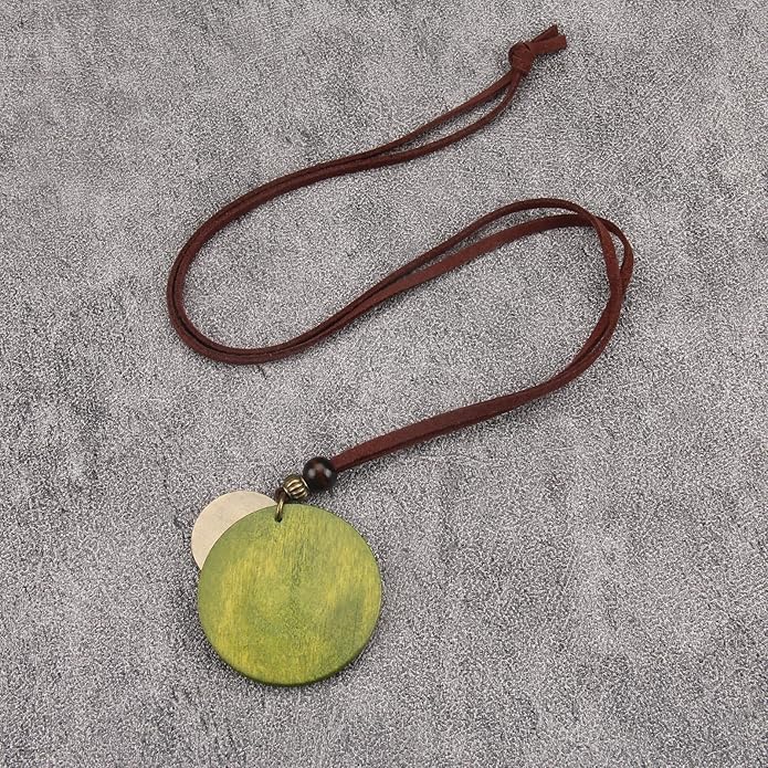 Long Boho Necklaces for Women Vintage Leather Wooden Pendant Y Choker Ethnic Style Gold Circle Hippie Sweater Necklace