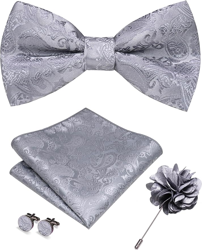 JEMYGINS Paisley Pre-tied Bow Tie and Pocket Square Cufflinks Lapel Pin Sets for Men 4PCS