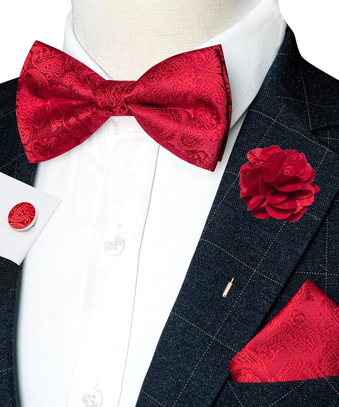 JEMYGINS Paisley Pre-tied Bow Tie and Pocket Square Cufflinks Lapel Pin Sets for Men 4PCS