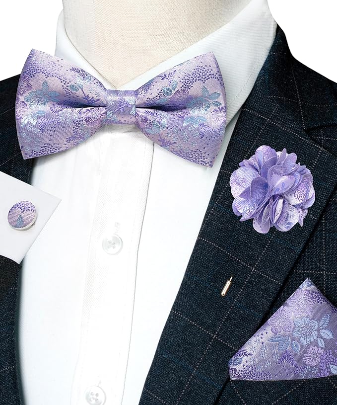JEMYGINS Floral Pre-tied Bow Tie and Pocket Square Cufflinks Lapel Pin Sets for Men 4PCS